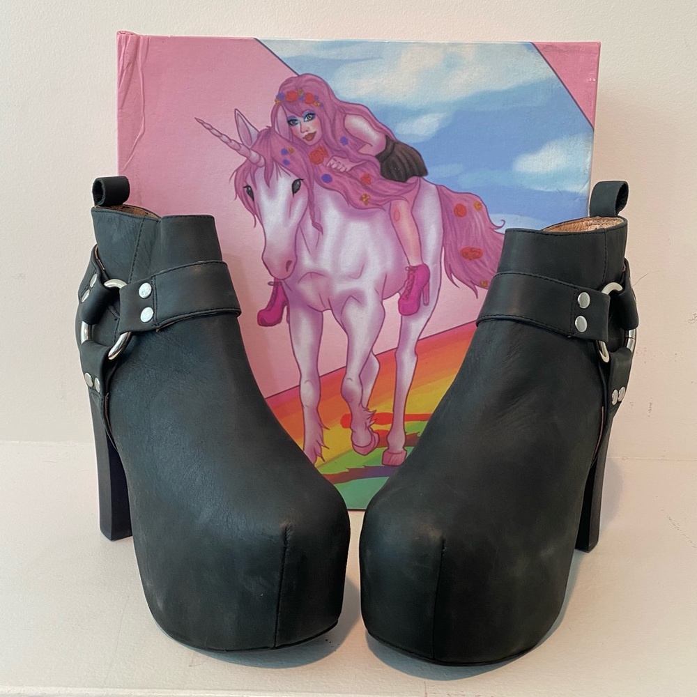 Jeffrey Campbell Mojo Lita Black Washed Leather Platform Ankle Boots Silver Hoop